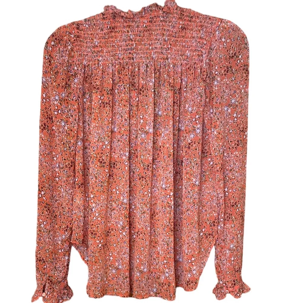 Free People Orange Floral blouse button down with tie Small EUC - Picture 2 of 5